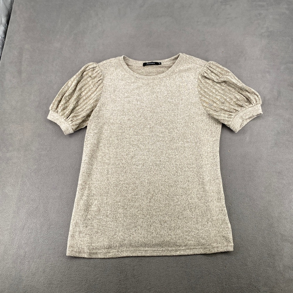 Automet Womens Oatmeal Heather Ribbed Puff Sleeve Knit Top SZ250207 Medium